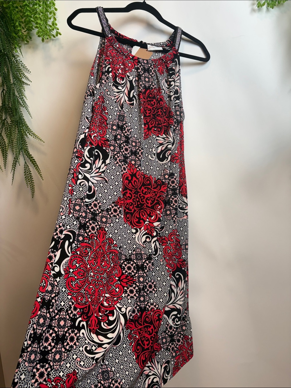 New York & Company Red, Black & White Patterned Midi Dress